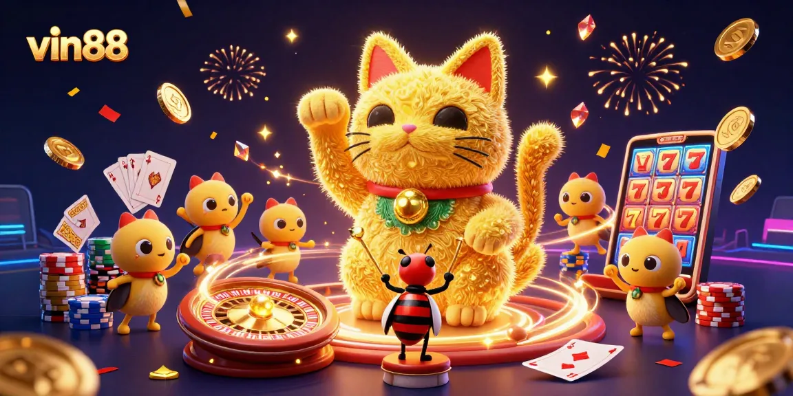 Experience the excitement of vin88 with a vibrant 3D illustration showcasing a lucky cat and casino elements.
