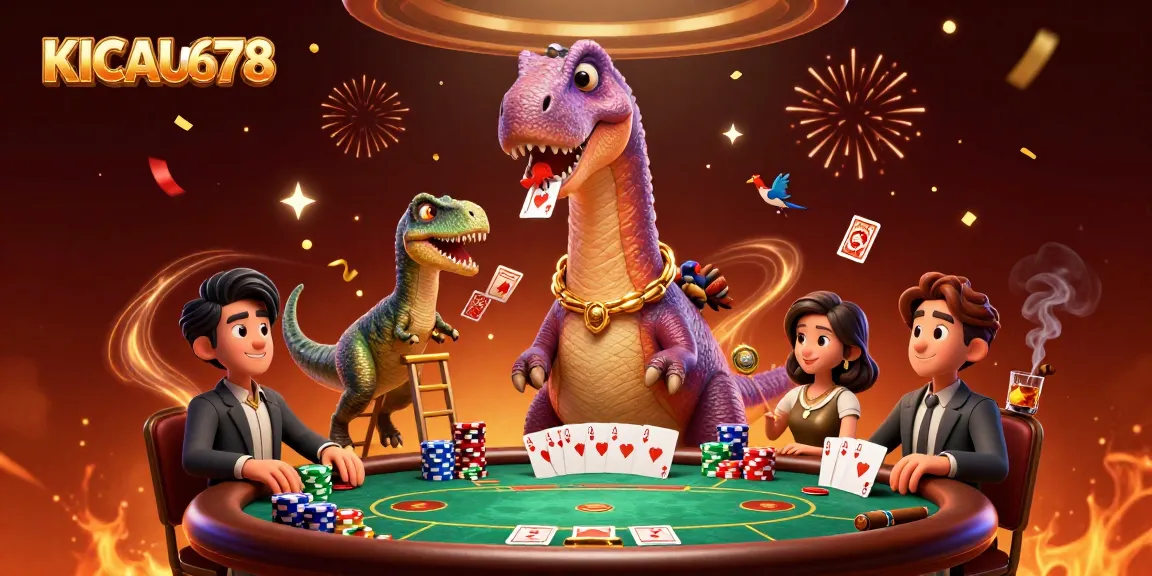 KICAU678 brings excitement with a vibrant 3D scene featuring card dealing raptors and a towering dinosaur.