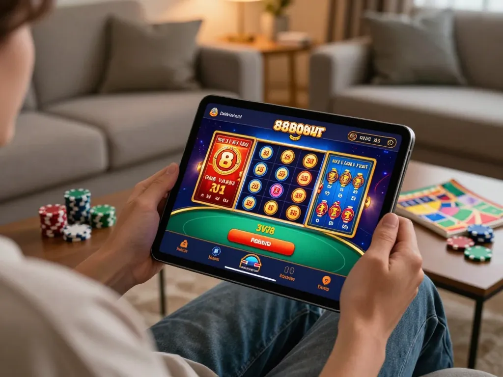 Engaging in online slots and poker games with the 888b casino app at home, showcasing a relaxed gambling atmosphere.