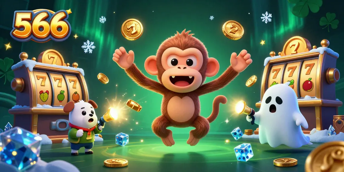 Engage with 566's haunted casino adventure showcasing a playful monkey and a curious puppy.