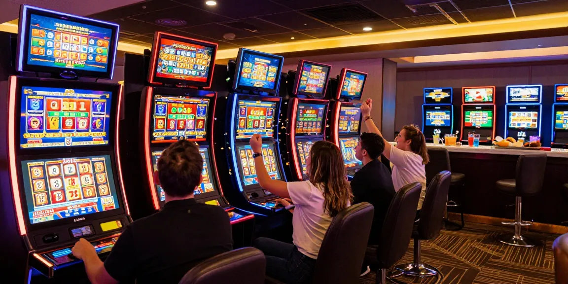 Exciting slot gaming scene with players celebrating wins and modern machines.