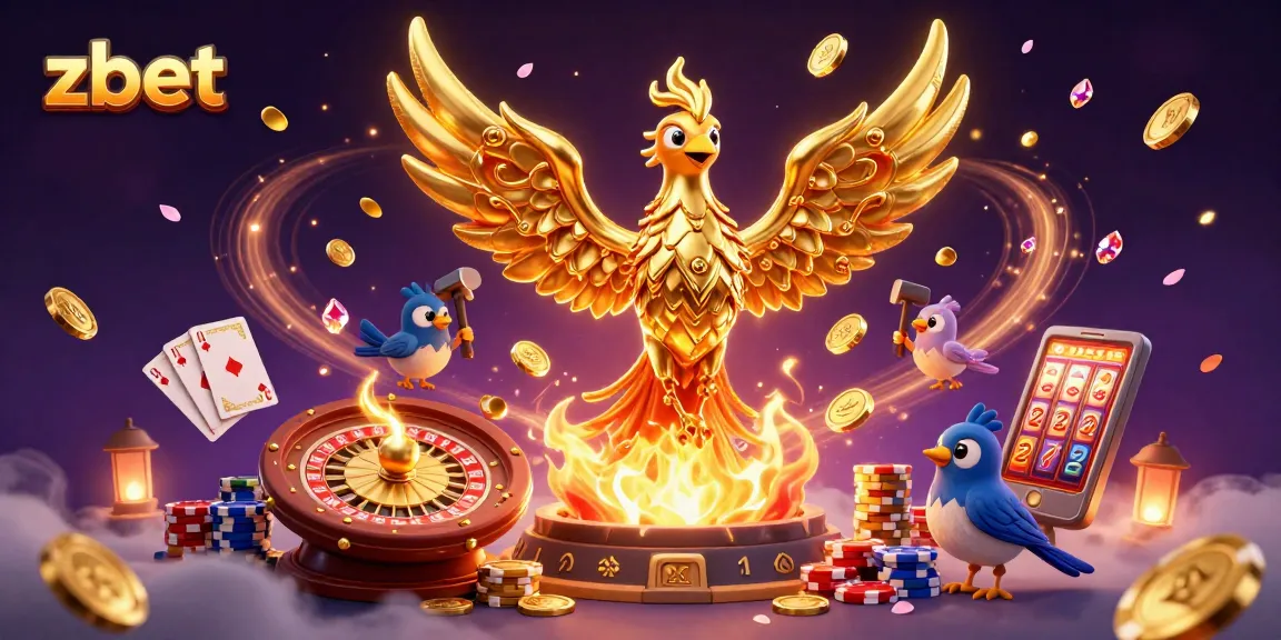Engage with zbet in a vibrant 3D casino illustration showcasing a golden phoenix and gaming elements.