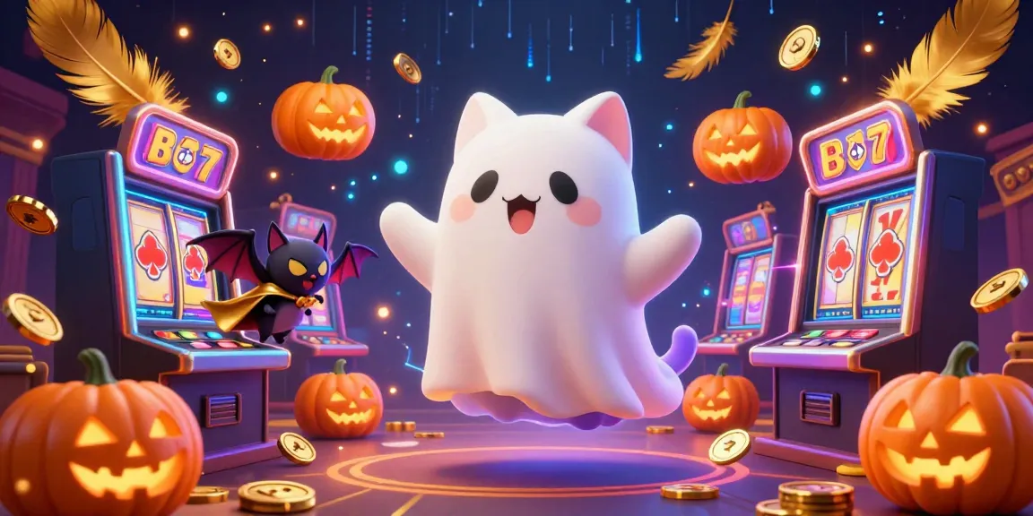 Engage with f168's casino adventure, where a ghost cat and bat explore glowing jackpots.