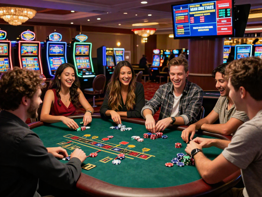 Experience the excitement of Casino Gratuit with friends enjoying blackjack at a vibrant casino table.