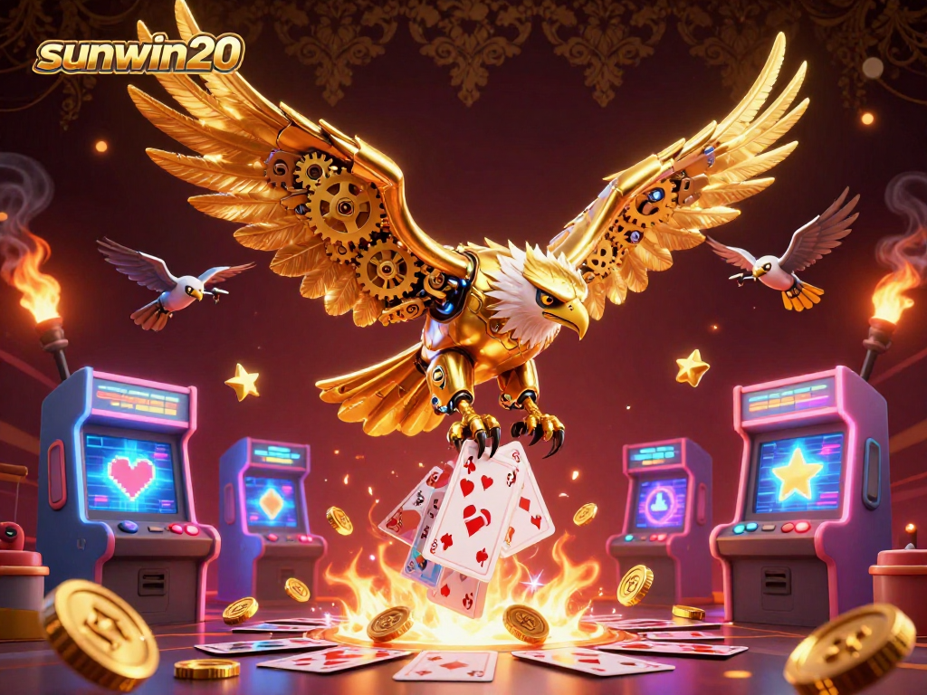 Experience thrilling gameplay with sunwin20 through an energetic 3D illustration of cybernetic golden eagle navigating holographic playing cards.