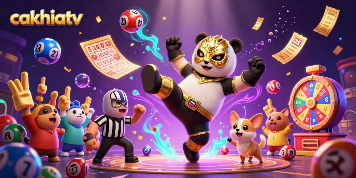 CakhiaTV features a lively panda wrestler and chihuahua referee in an energetic casino scene.