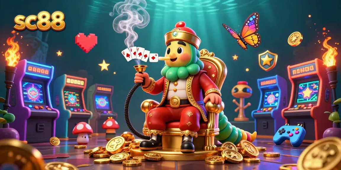 Engage with SC88's exciting gaming experience featuring vibrant casino elements and a caterpillar hookah-master.