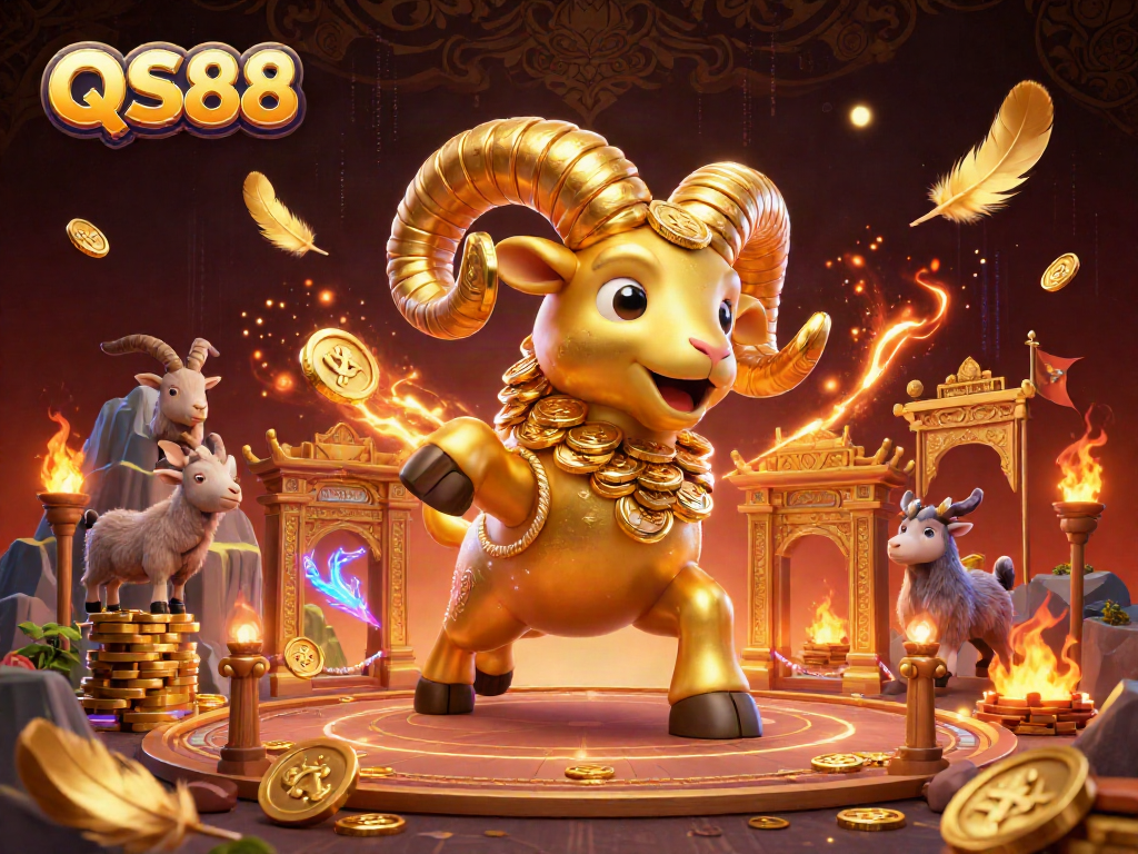 Engage in thrilling gameplay with QS88, featuring a charging golden ram in a vibrant casino scene.