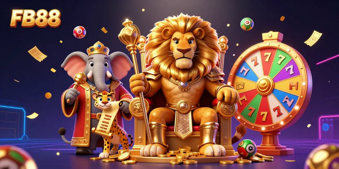 Spin and win big at FB88, showcasing a vibrant casino scene with a lion king, elephant advisor, and cheetah messenger.