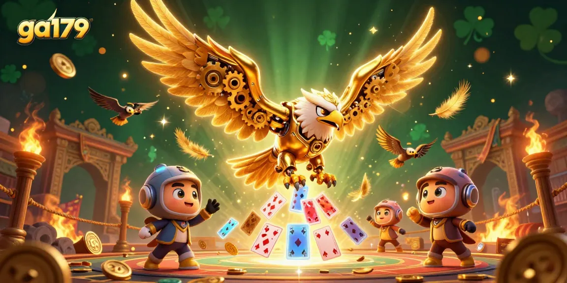 Engage with ga179's vibrant casino atmosphere featuring a golden eagle amidst cascading playing cards.