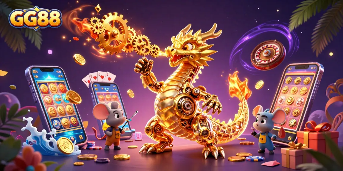Engage with GG88’s vibrant gaming scene featuring a golden dragon amidst exciting slot experiences.