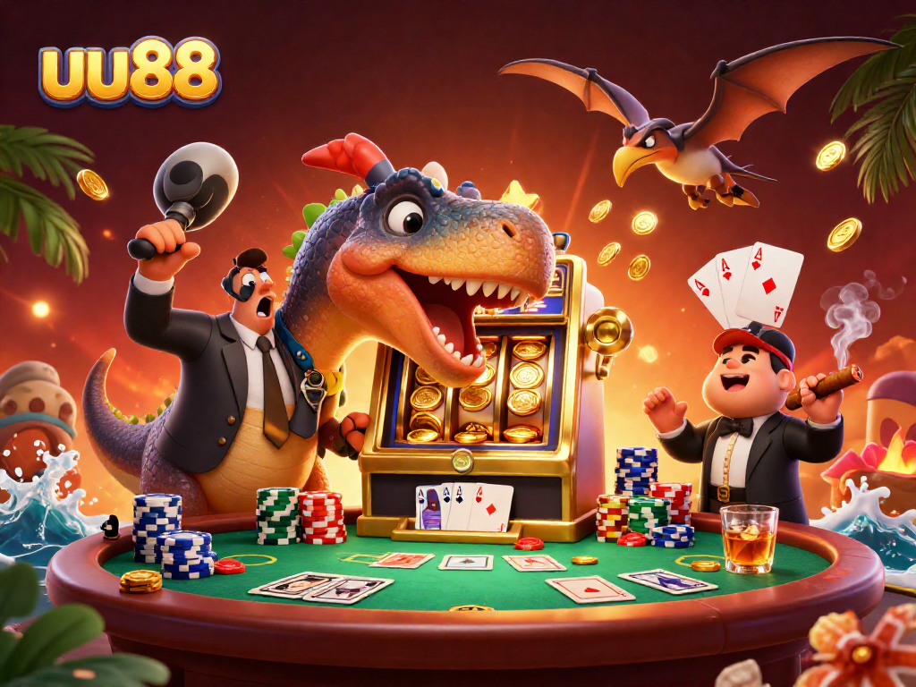uu88 players delight as a dinosaur hits a golden slot machine for jackpot coins
