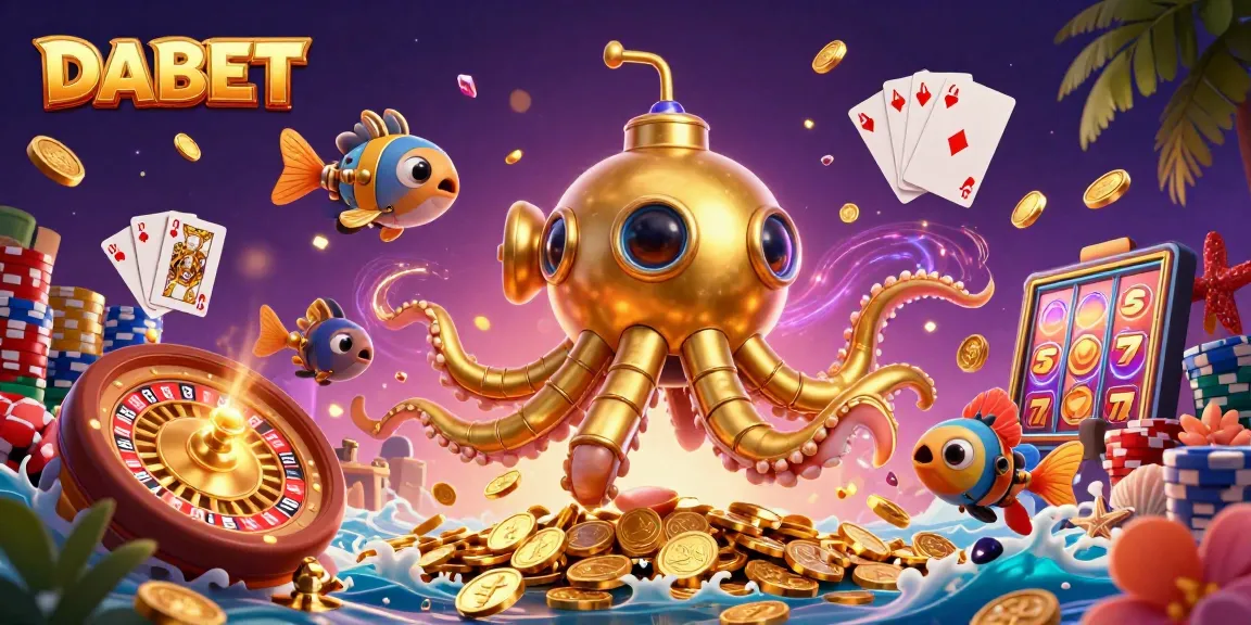 DABET engages players with a vibrant 3D casino scene filled with gold coins and game elements.