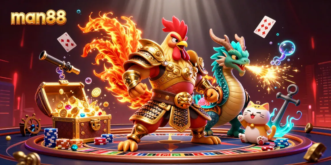 Engage with man88's vibrant casino scene featuring a lively rooster, dragon, and fortune cat.