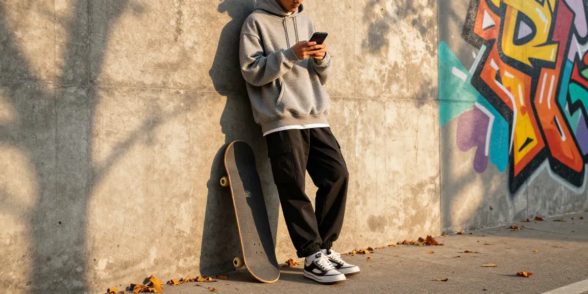 Stylish individual in trendy streetwear showcasing fashion on shs-dome5.com with urban backdrop and skateboard.