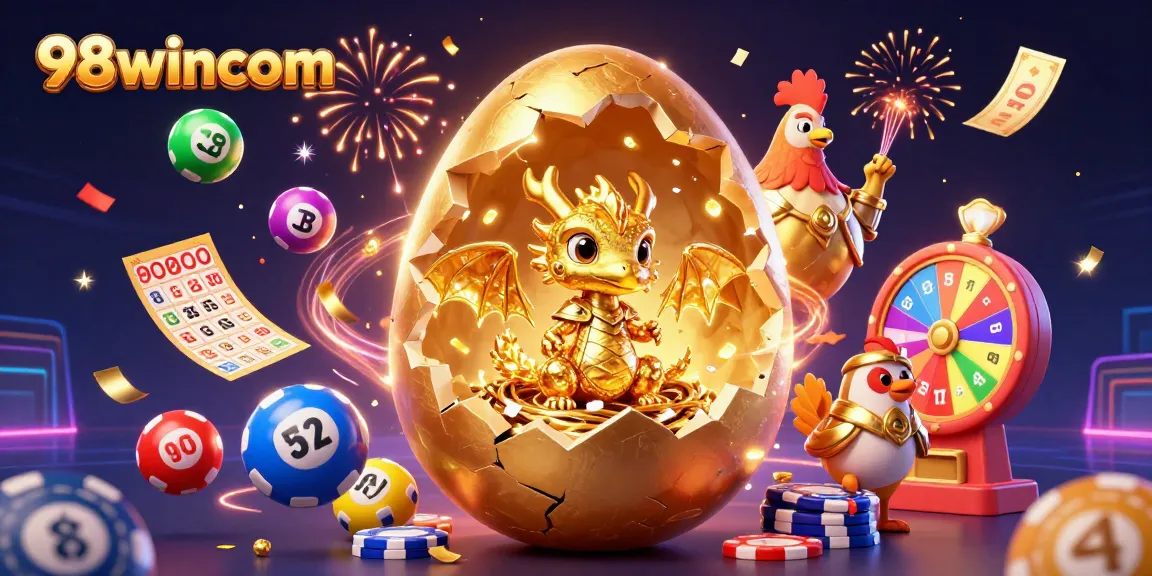 Engage with 98wincom's vibrant lottery scene showcasing a golden dragon, chips, and dynamic game elements.
