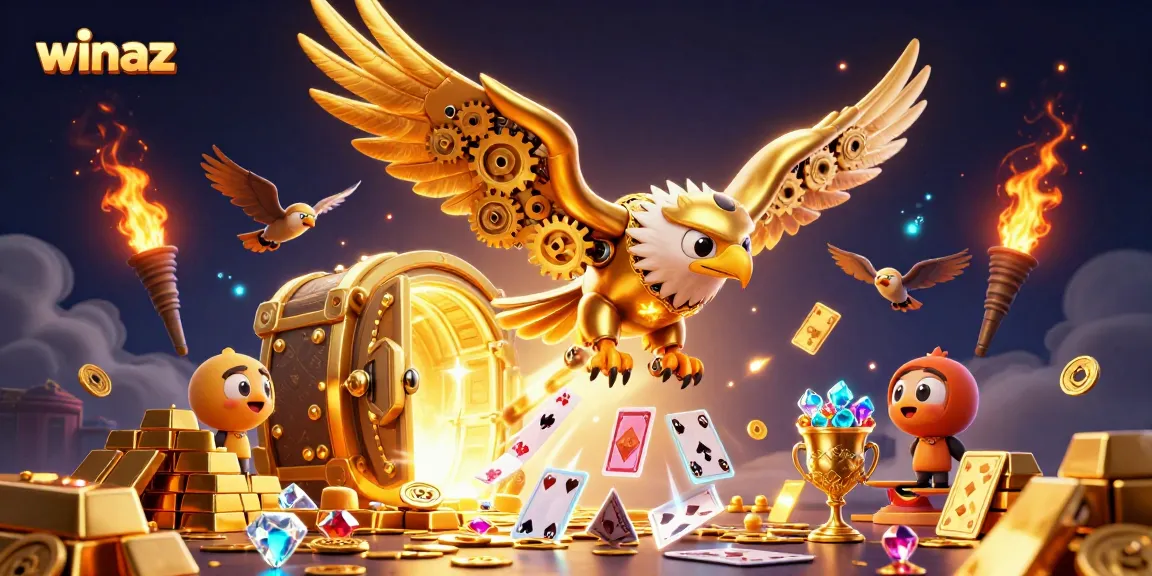 Experience winaz thrills with golden eagle diving into vibrant casino treasures and holographic cards.