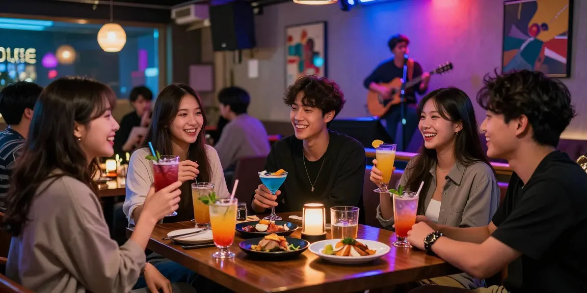 하루이야기에서 강남 유흥알바를 즐기는 젊은이들, 네온 불빛 아래 화기애애한 분위기.