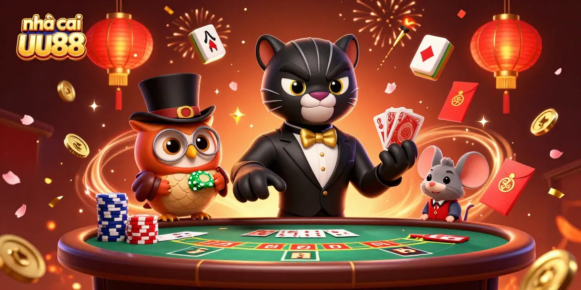 Engage in thrilling gameplay with nhà cái uu88 featuring stylish characters, poker chips, and festive elements.
