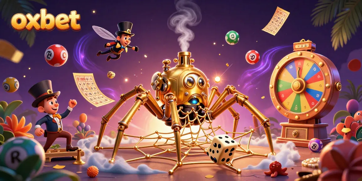 Engage in thrilling gaming with oxbet featuring a steampunk golden spider and vibrant lottery elements.
