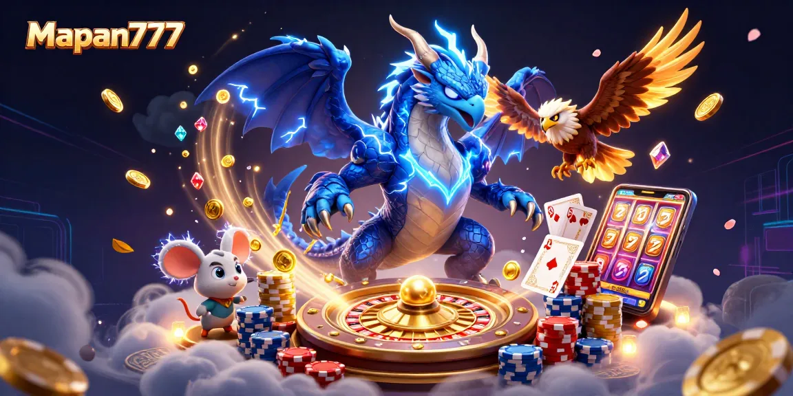 Engage with Mapan777's thrilling atmosphere featuring energetic characters and explosive casino action.