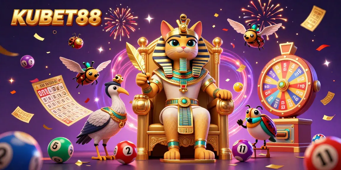 KUBET88 pharaoh cat and ibis scribe celebrating massive wins with colorful lottery balls and a lively casino atmosphere.
