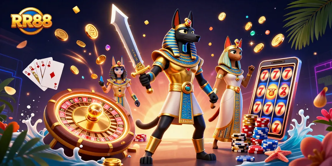 RR88 showcases thrilling gaming with Anubis and Bastet surrounded by casino elements and rewards.