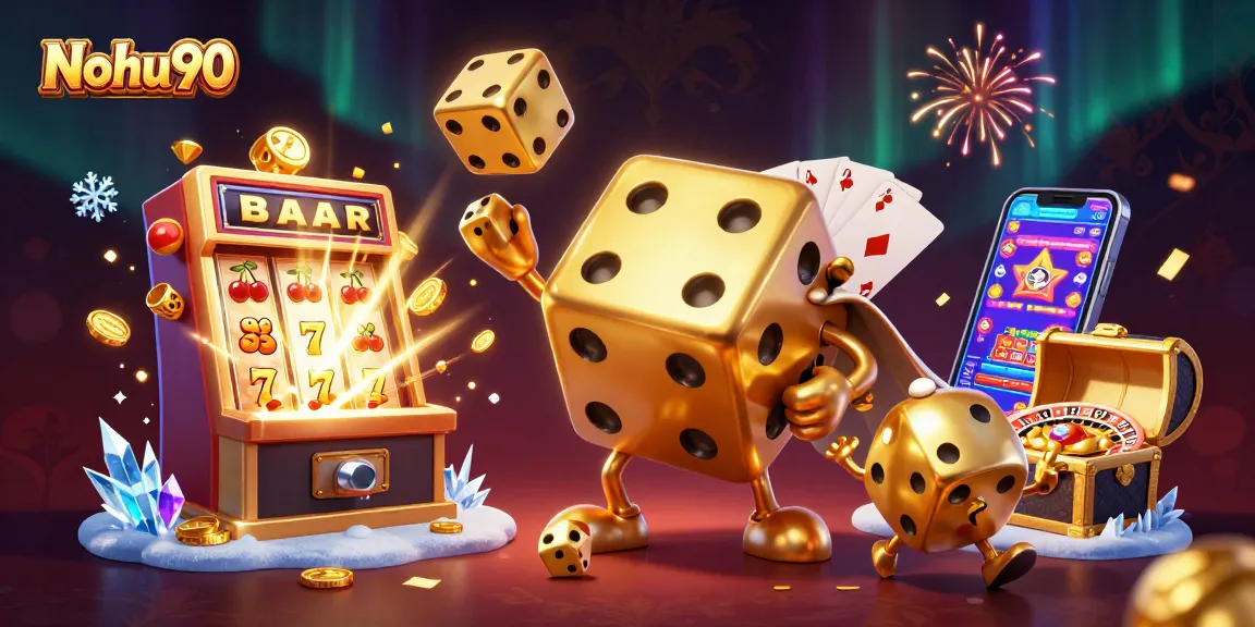 Nohu90 presents a captivating 3D casino illustration showcasing diverse gaming elements and vibrant colors.