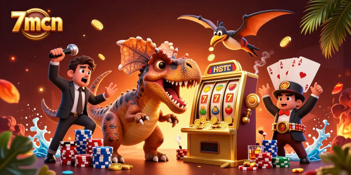 7mcn illustration of a prehistoric dinosaur in a casino winning jackpots amidst flying golden coins and vibrant gaming elements.