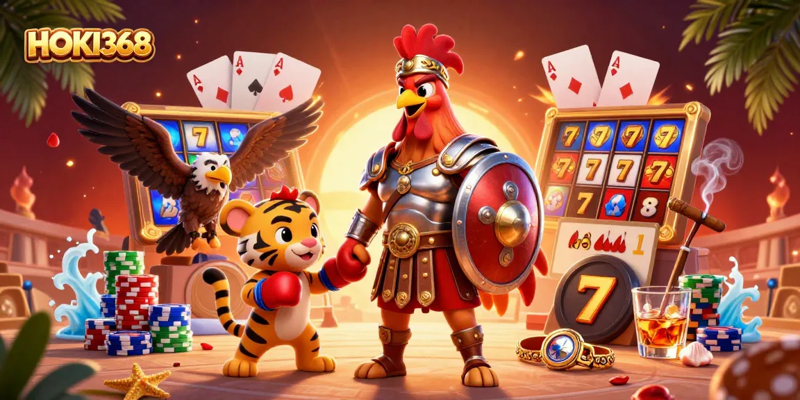 Experience the excitement of winning at HOKI368 with vibrant slot reels and animated characters.