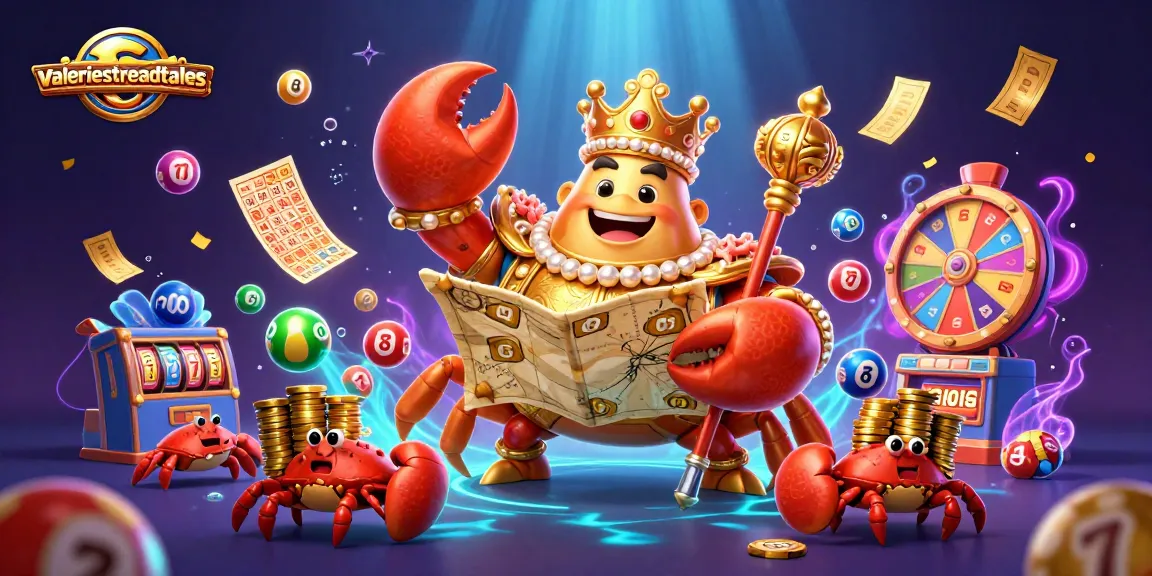 Visit valeriesthreadtales for a thrilling 3D scene featuring a golden crab emperor among vibrant lottery elements.