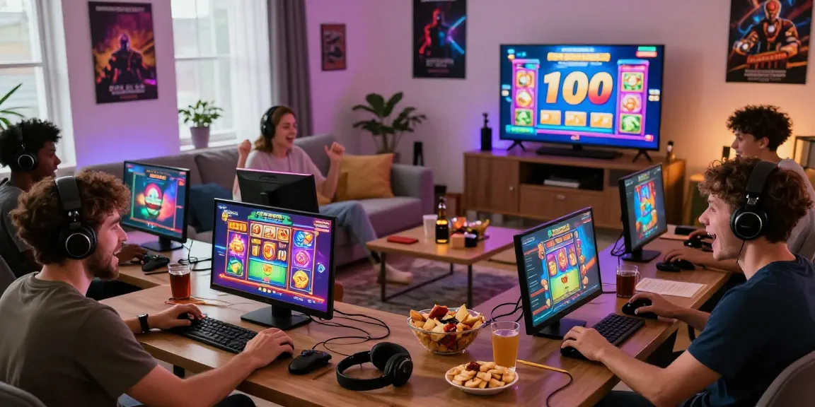 Engaged players enjoying popular slot games in a lively home setting, showcasing the excitement of online gaming.