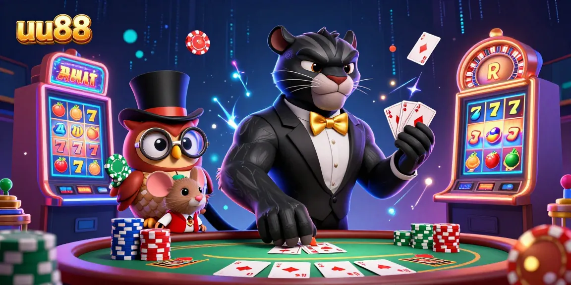 uu88 showcases a stylish panther dealing cards at a vibrant casino scene filled with excitement.