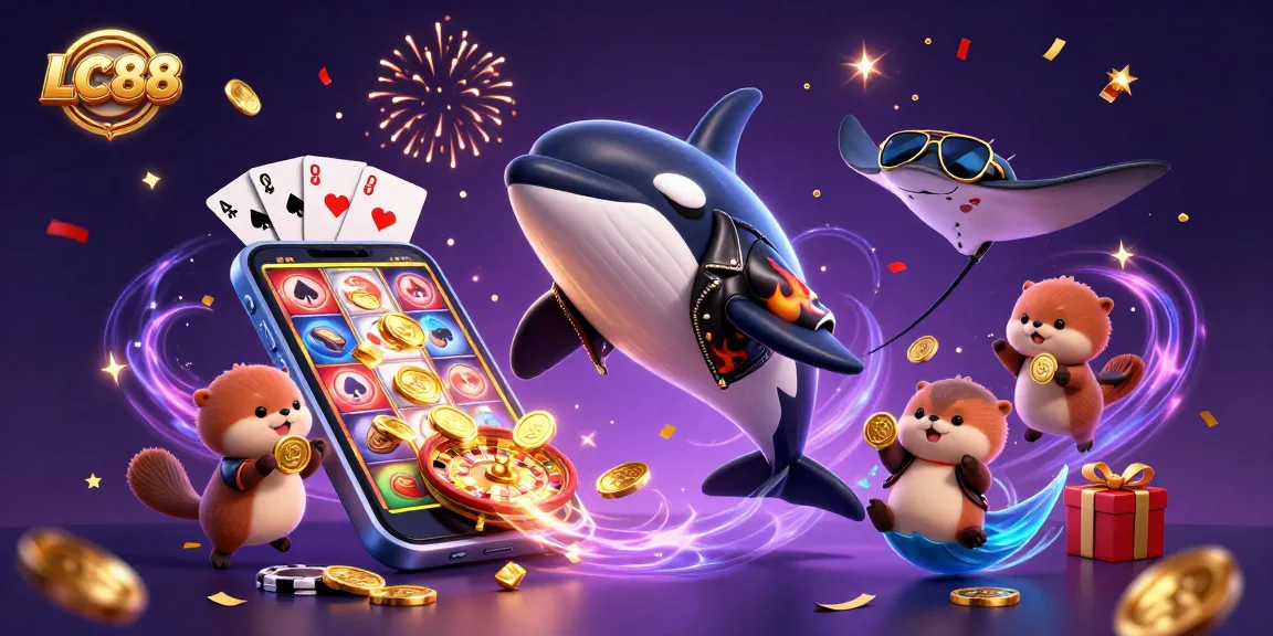 Engage with LC88 while an orca whale jumps alongside otters collecting coins in a vibrant casino scene.