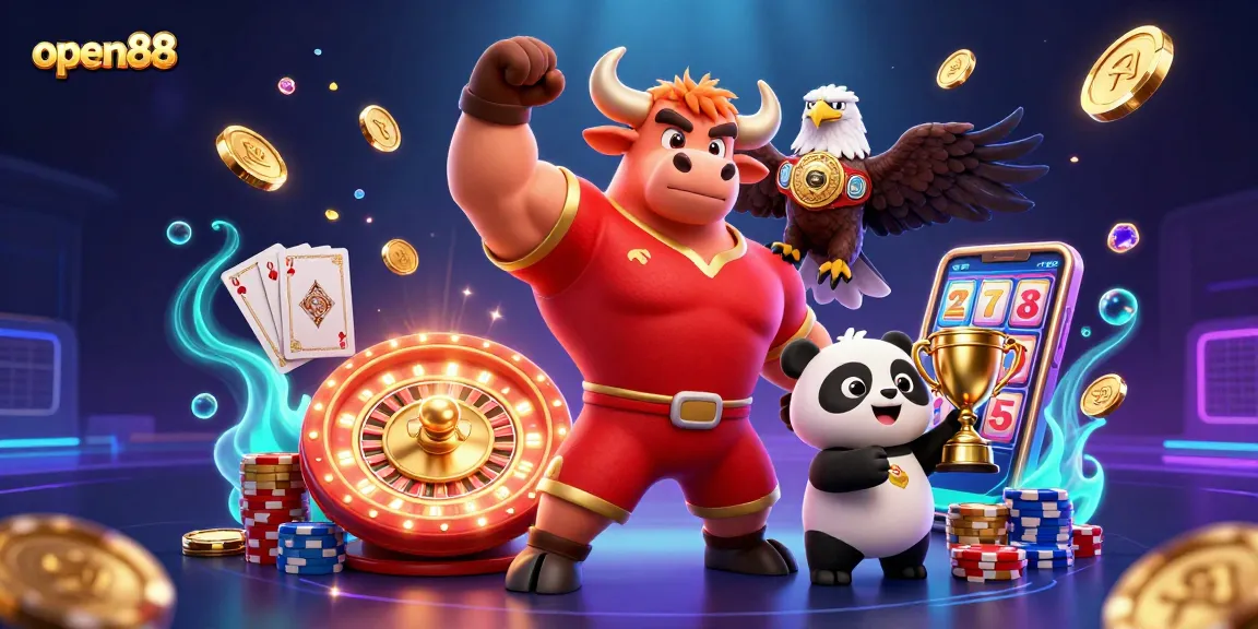 Experience exhilarating wins at open88 casino with vibrant characters celebrating amidst cascading coins and light.