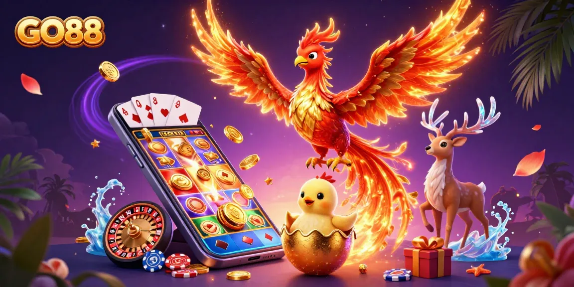 Explore thrilling games at GO88 as a fiery phoenix soars through a dynamic casino scene.