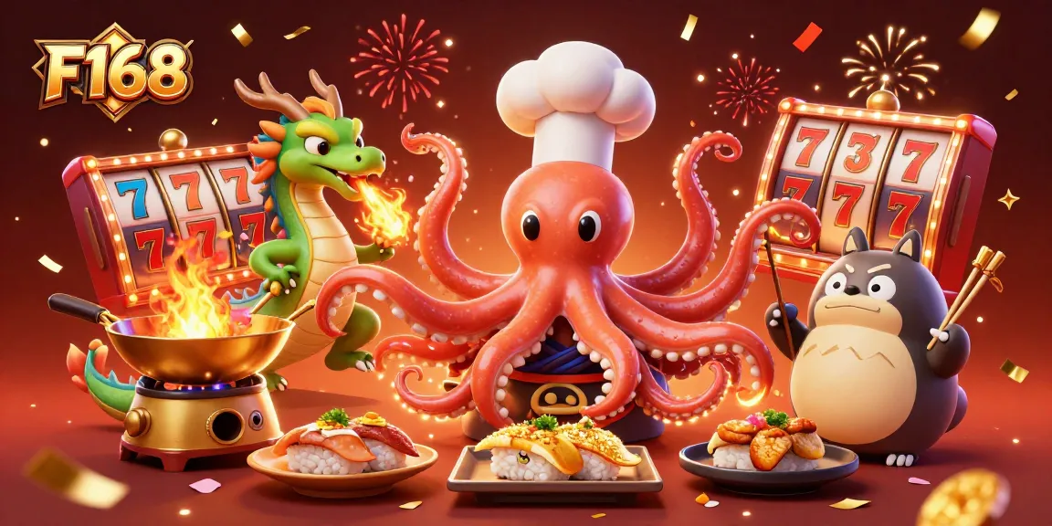 Experience F168's vibrant casino energy with a dynamic scene featuring colorful characters and slot game elements.