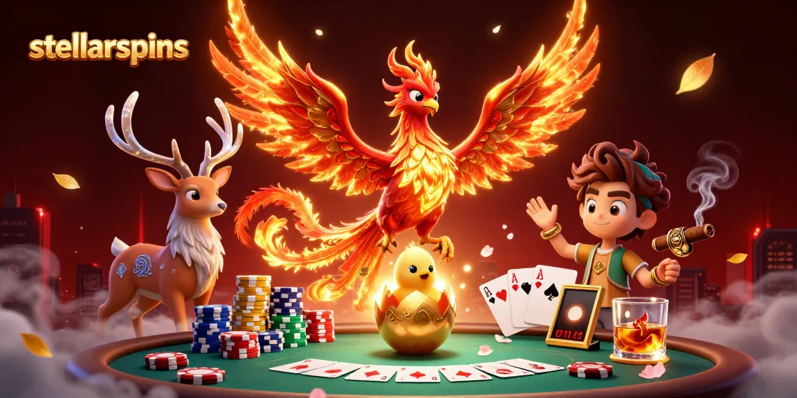 Engage with stellarspins' dynamic 3D phoenix scene full of poker elements and vibrant colors.
