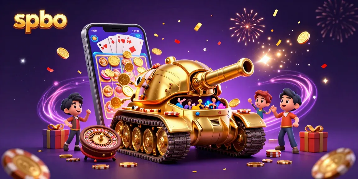 Experience the excitement of spbo with a vibrant 3D casino scene featuring a golden beetle tank and dynamic game elements.