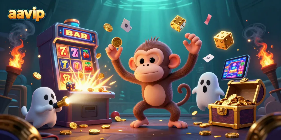 Aavip casino scene featuring a playful poltergeist monkey juggling golden coins while a puppy tracks it with a golden flashlight.