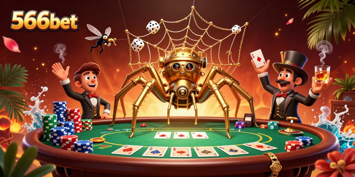 Experience the vivid excitement of 566bet with a detailed illustration showcasing steampunk elements and poker action.