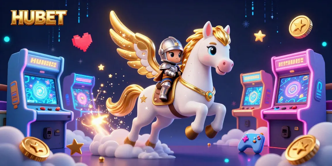 HUBET invites players to enjoy vibrant gaming thrills with a cartoon style illustration of a celestial horse and dynamic casino elements.