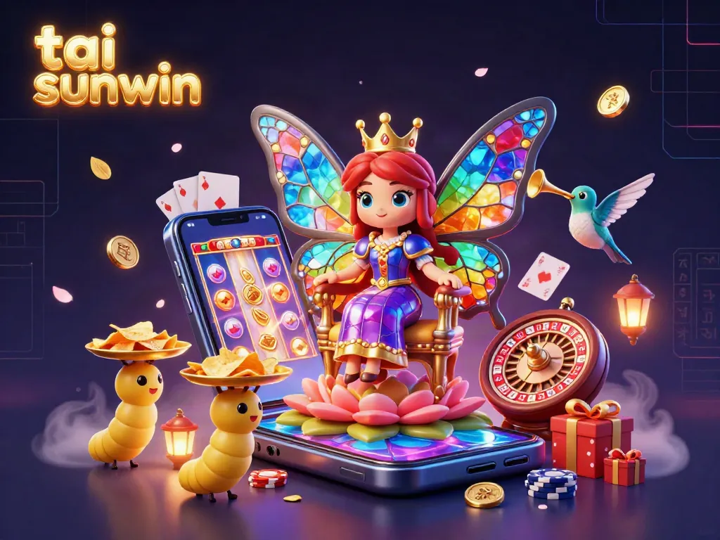 Engage with tai sunwin's vibrant gaming scene featuring a butterfly queen surrounded by gaming elements and dynamic action.