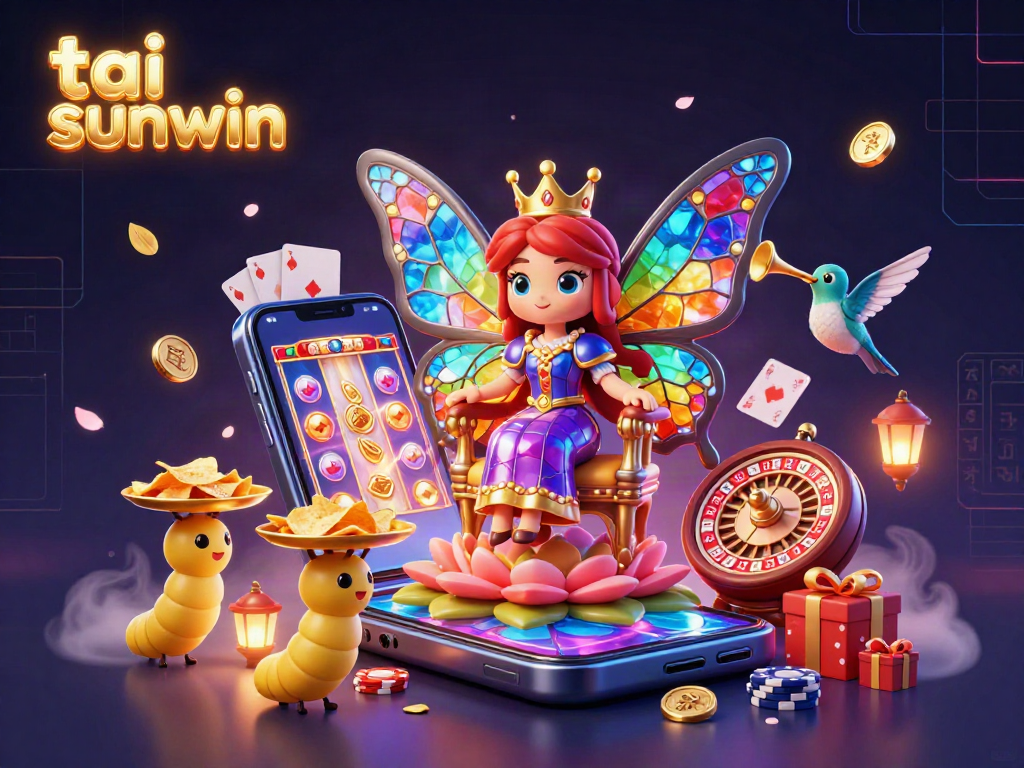 Engage with tai sunwin's vibrant gaming scene featuring a butterfly queen surrounded by gaming elements and dynamic action.