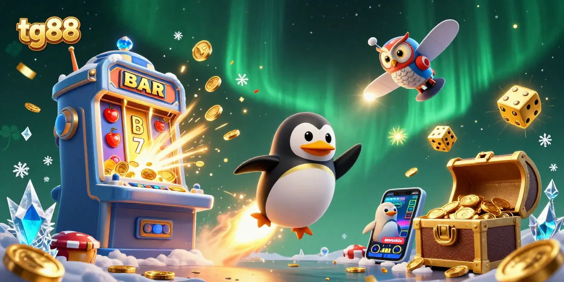 Engage with the tg88 casino experience featuring a golden penguin, dynamic slot elements, and stunning visuals.