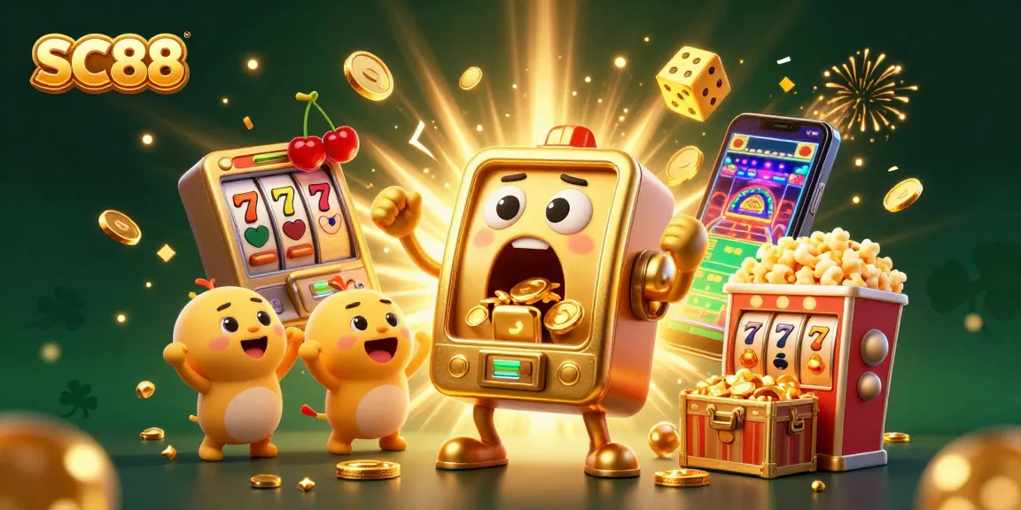 SC88 slot machine hits jackpot, surrounded by cheering baby machines and golden coins.
