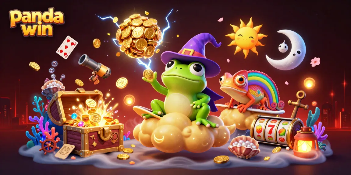 Panda win features a vibrant casino scene with a frog wizard and colorful chameleon amid rich treasures.