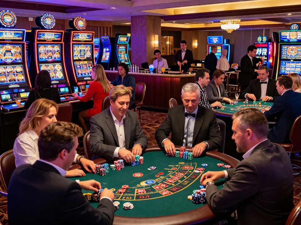 Giocatori al casinò non AAMS mentre si divertono con giochi di carte e slot machine in un ambiente elegante.