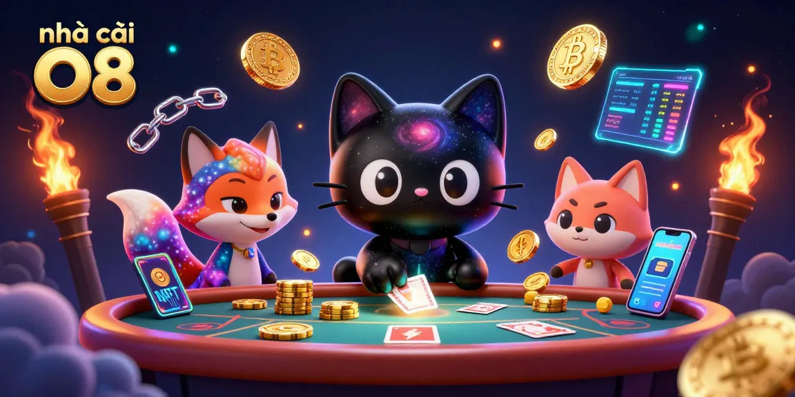 Engage with nhà cái O8's cosmic casino experience, featuring a gravity-defying black hole cat and vibrant elements.