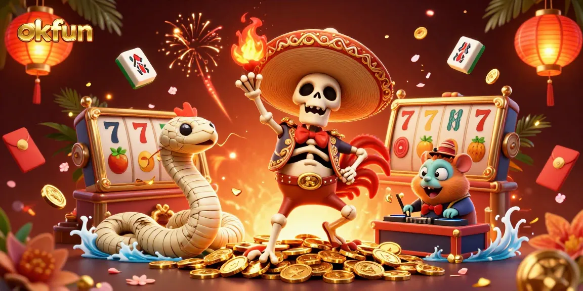Spin and win at okfun with vibrant slot games and exciting casino characters dancing
